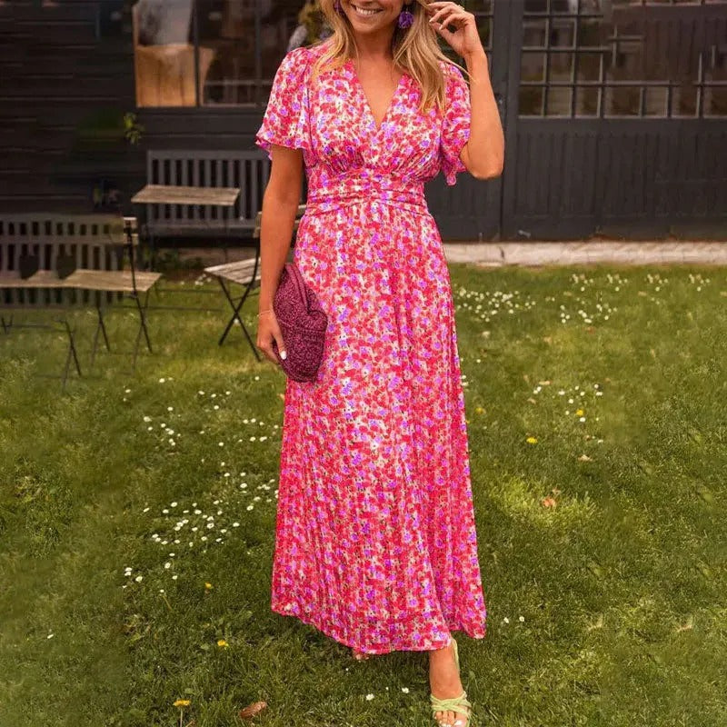 Elegant Floral V-neck Beach Dress