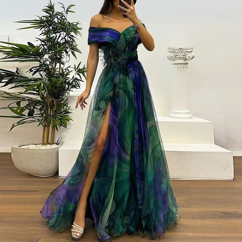 Vintage One-Shoulder Pleated Mesh Dress