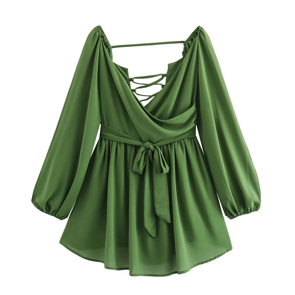 Chic Backless Pleated Tie Mini Dress