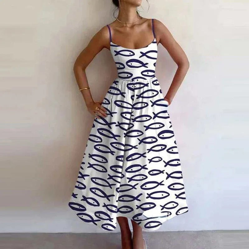 Fish & Shrimp Print Maxi Dress