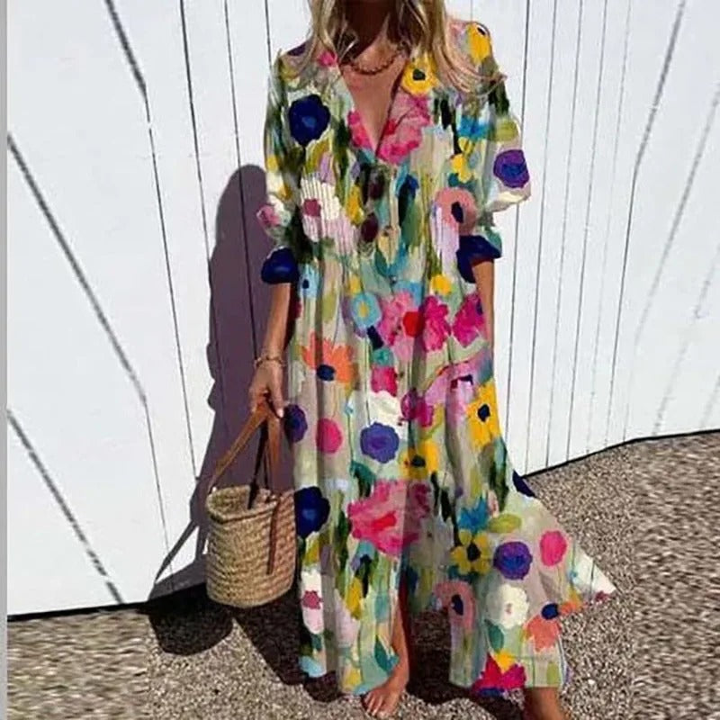 V-neck Bohemian Shirt Dress