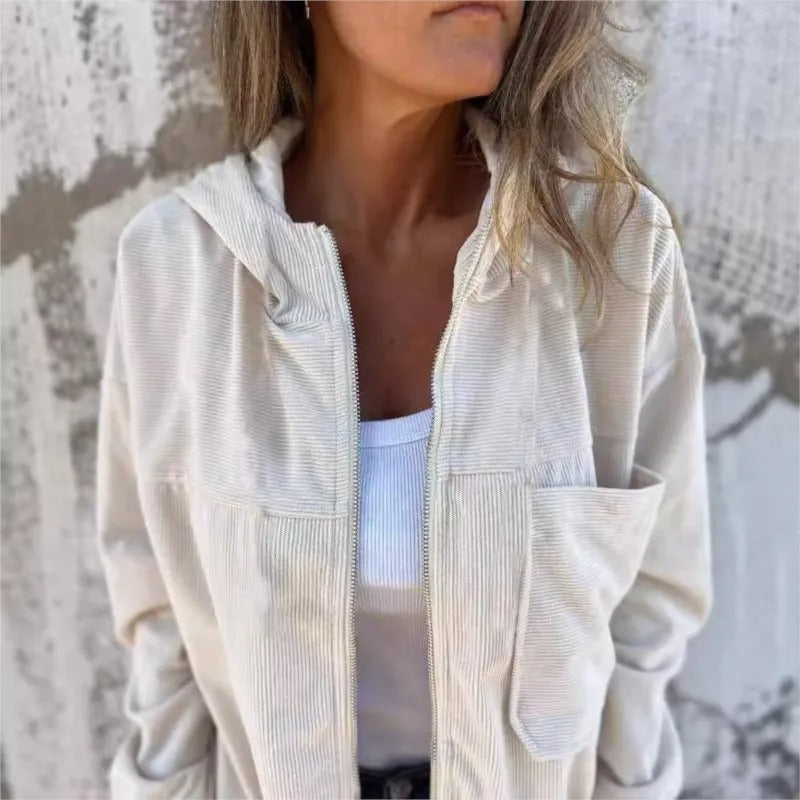 Cozy Cord Hooded Zip-Up Corduroy Jacket