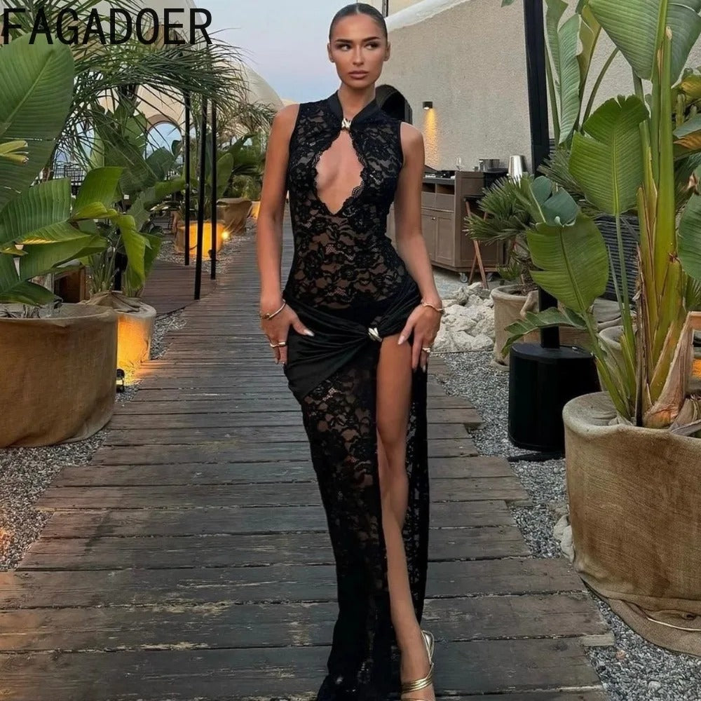 Sexy Lace High Slit Maxi Dress