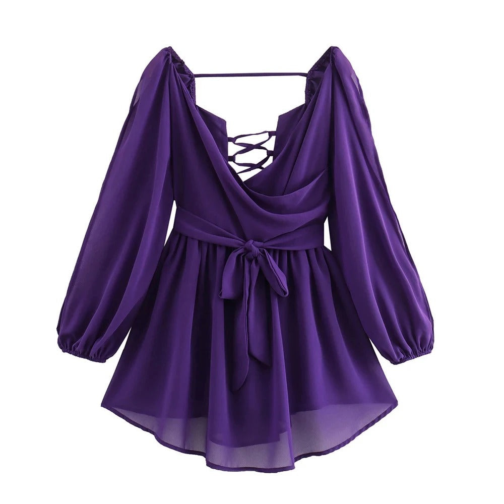 Chic Backless Pleated Tie Mini Dress