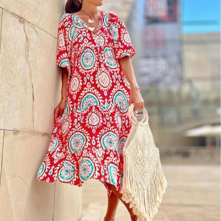 Geometric Print Bubble Sleeve Dress