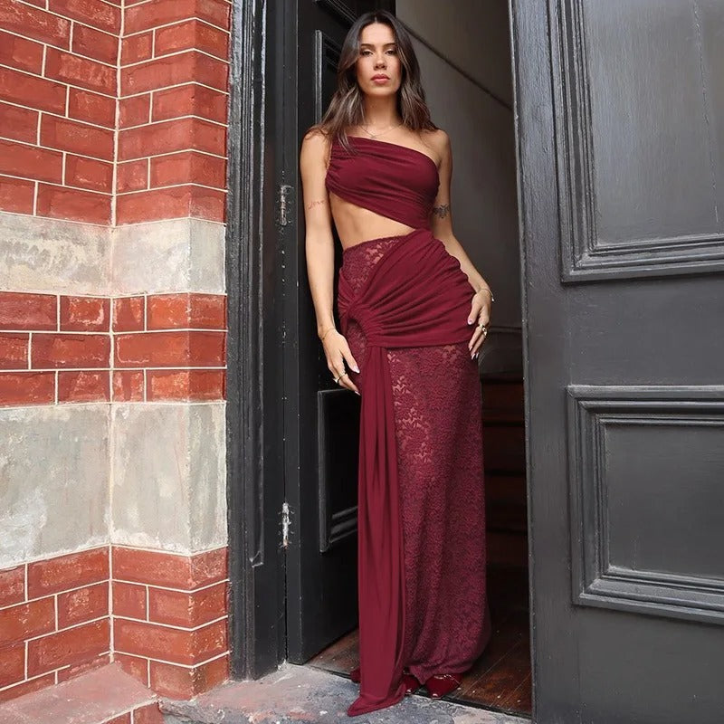 Elegant One-Shoulder Lace Evening Dress