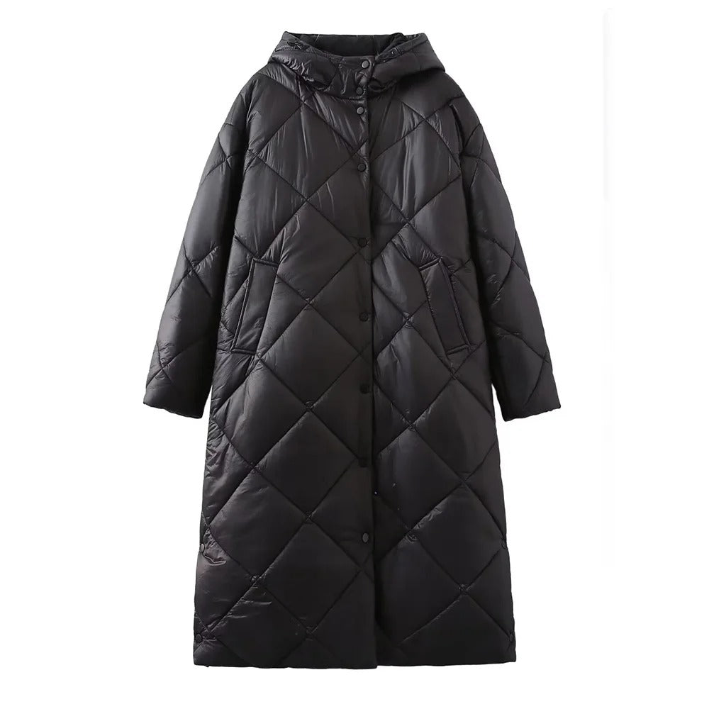 Dual Tone Dot Dash Quilted Hooded Coat