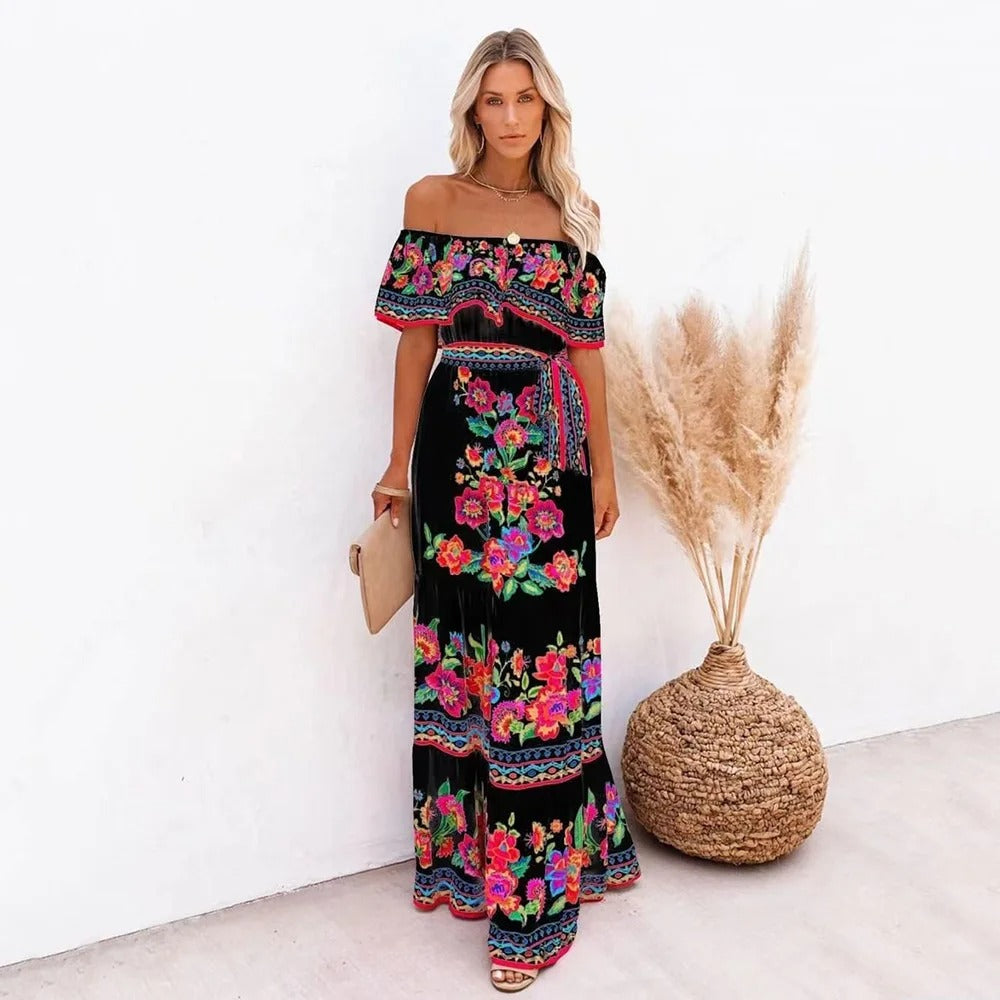 Red Bloom One-Shoulder Swing Dress