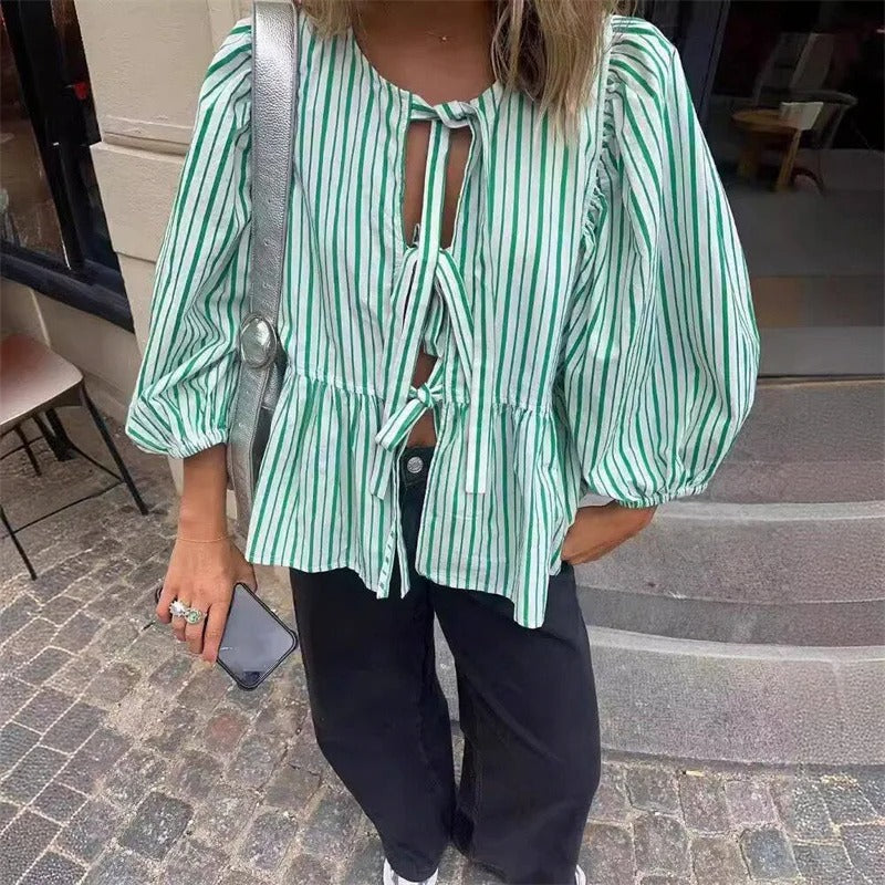 Striped Bow Puff Blouse