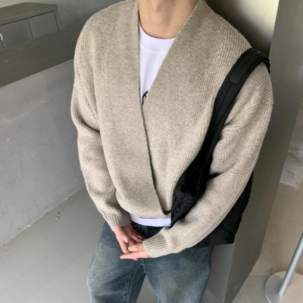 Mens Relaxed-fit V-neck Knit Jacket Versatile