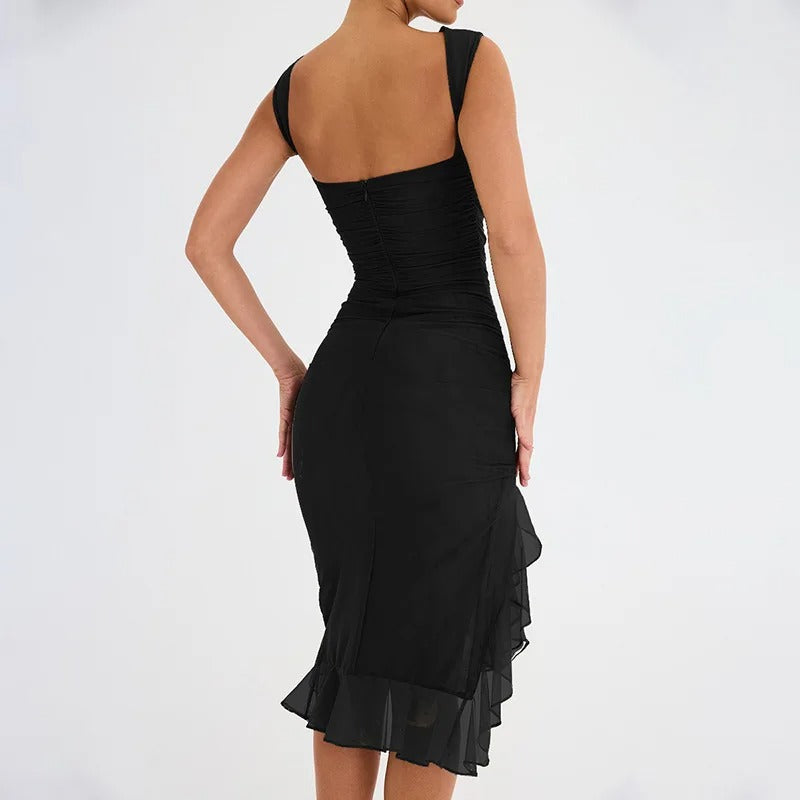 Midnight Muse Ruched Ruffle Party Dress