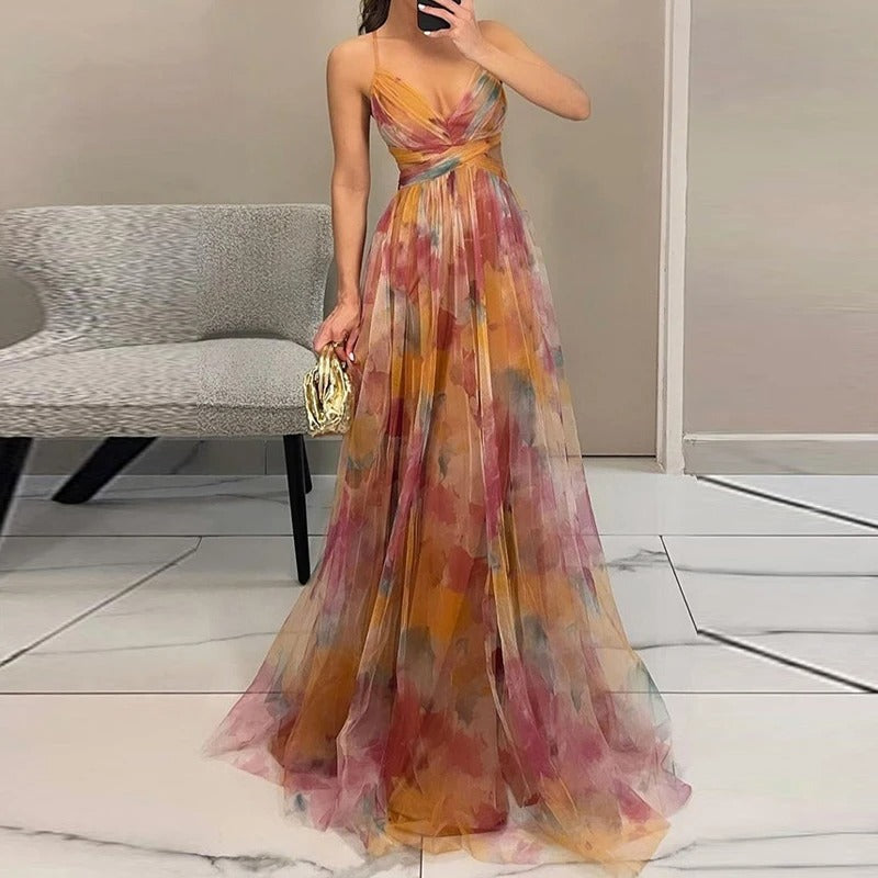 Elegant Print Pleated Mesh Evening Dress
