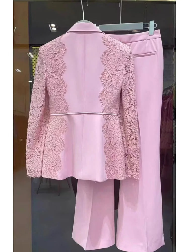 High Street Designer Lace Blazer & Flare Pants Set