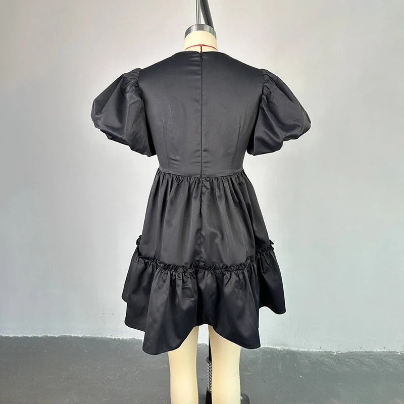 Black V-Neck Puff Sleeve Dress