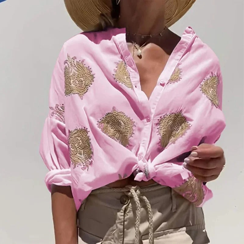 Autumn 3D Print Button-Up Shirt