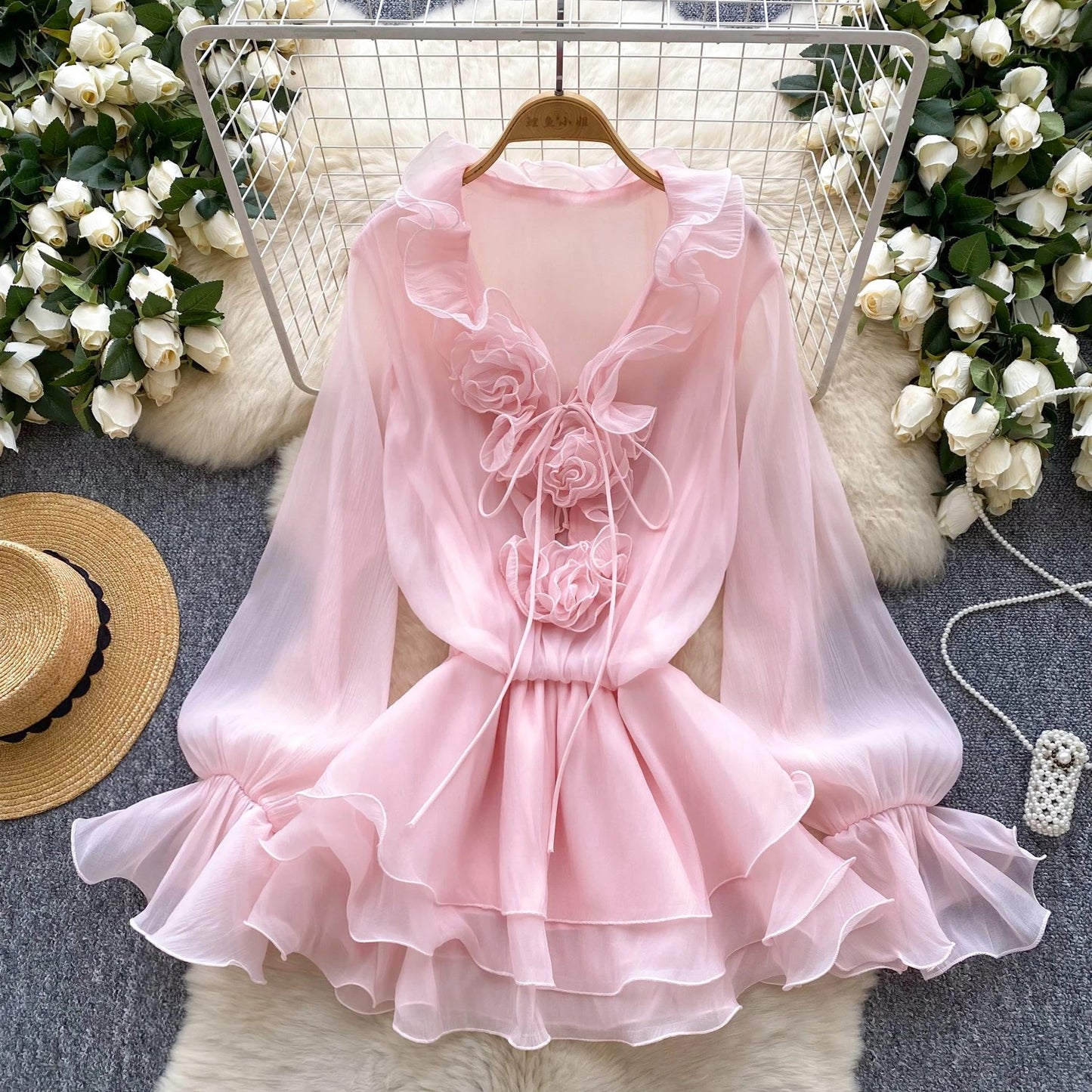 Sweet Pink Ruffle Chiffon Dress