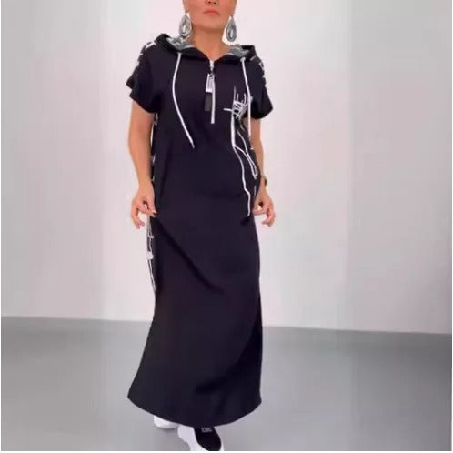 Hooded Maxi Dress with Spliced Print