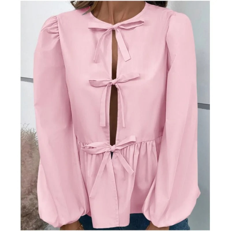 Bow Tie Puff Sleeve Blouse