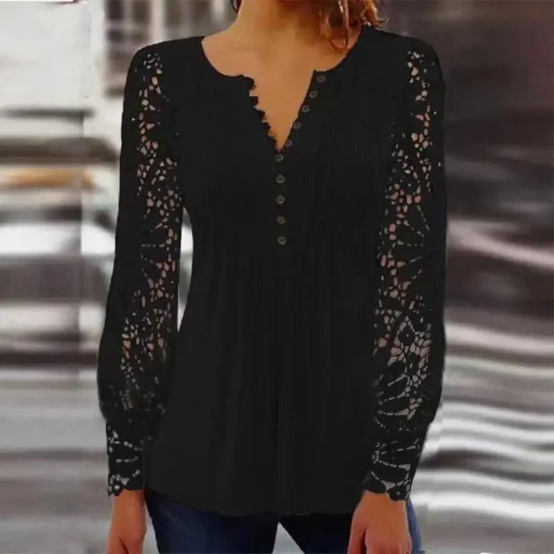 Sexy Lace V-Neck Pleated Blouse
