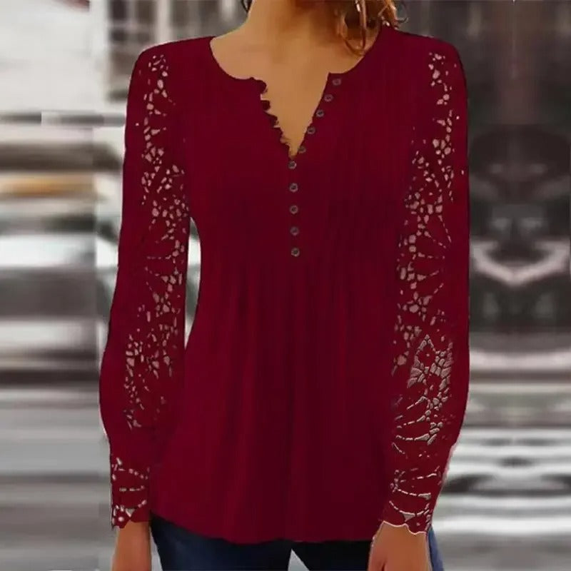 Sexy Lace V-Neck Pleated Blouse