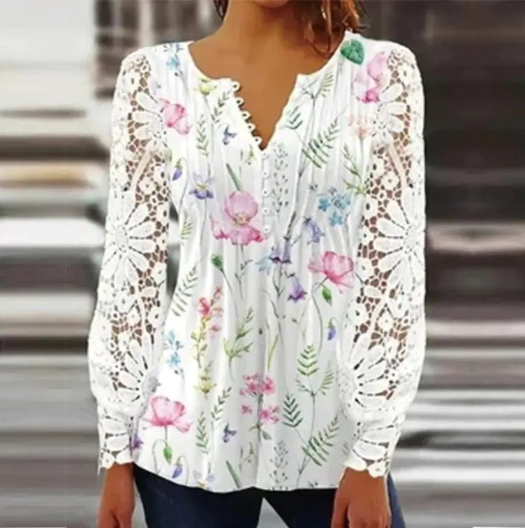 Sexy Lace V-Neck Pleated Blouse
