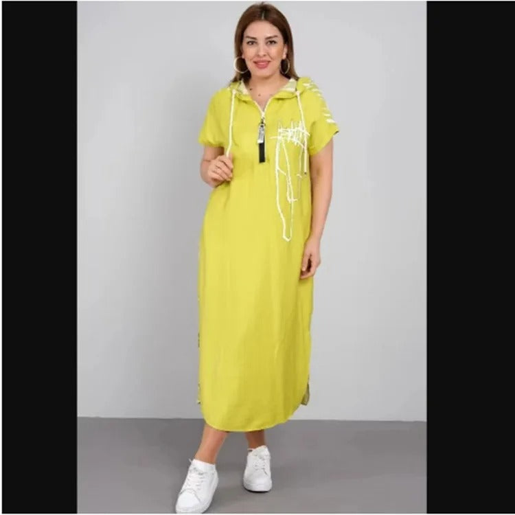 Hooded Maxi Dress with Spliced Print