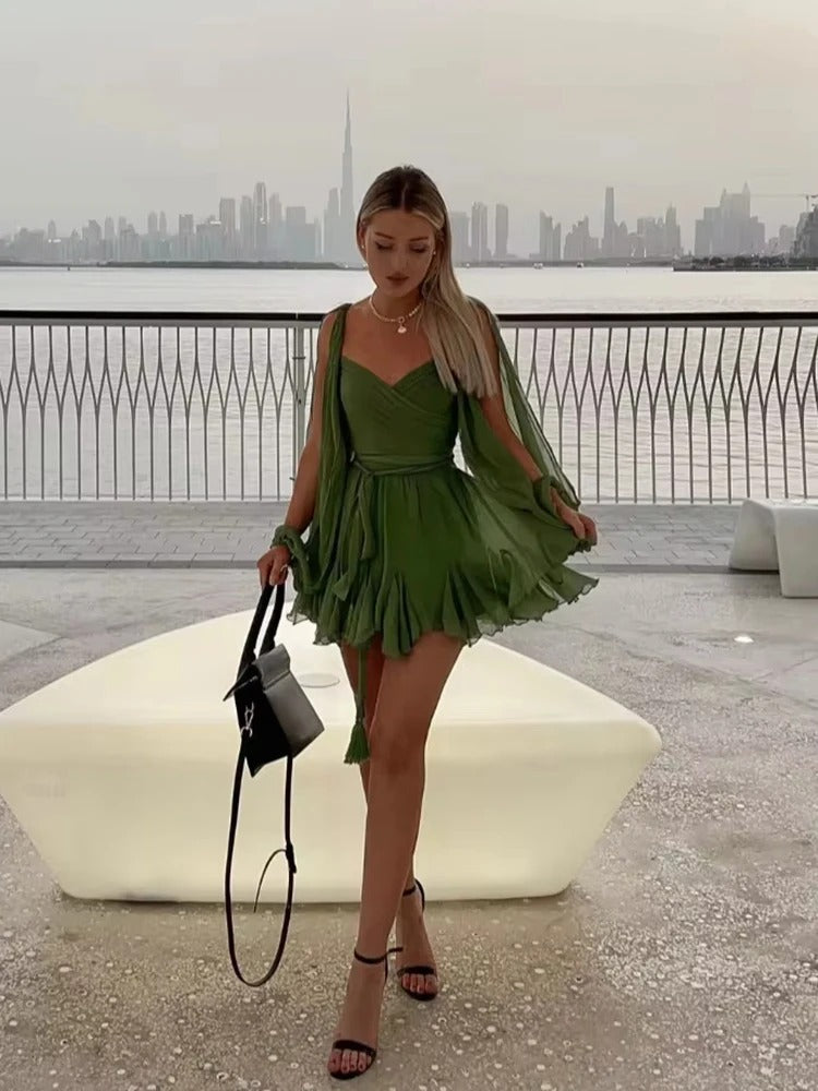 Chic Backless Pleated Tie Mini Dress