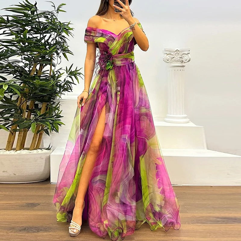Vintage One-Shoulder Pleated Mesh Dress