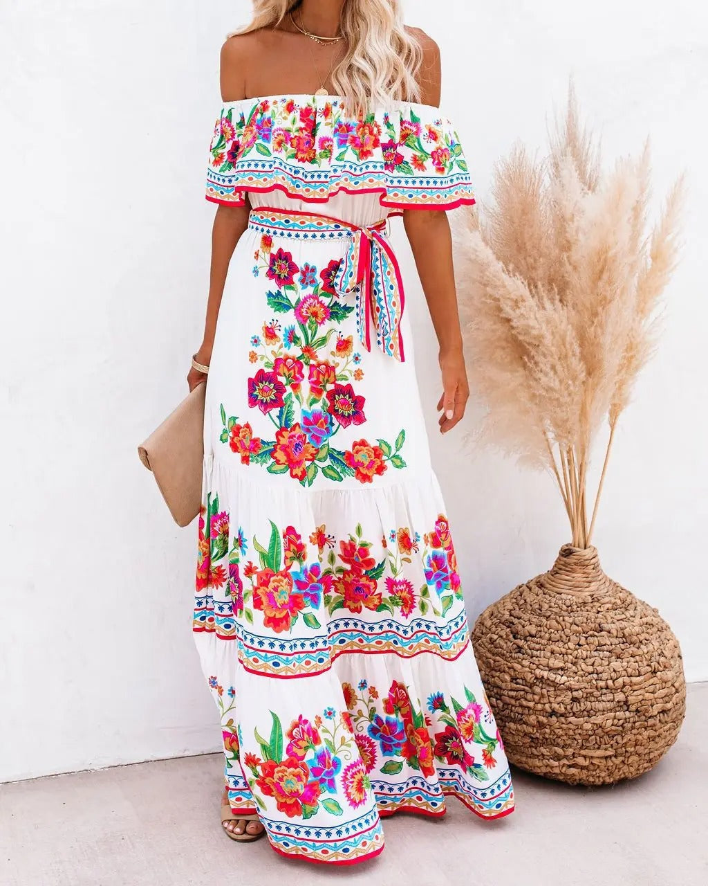 Red Bloom One-Shoulder Swing Dress