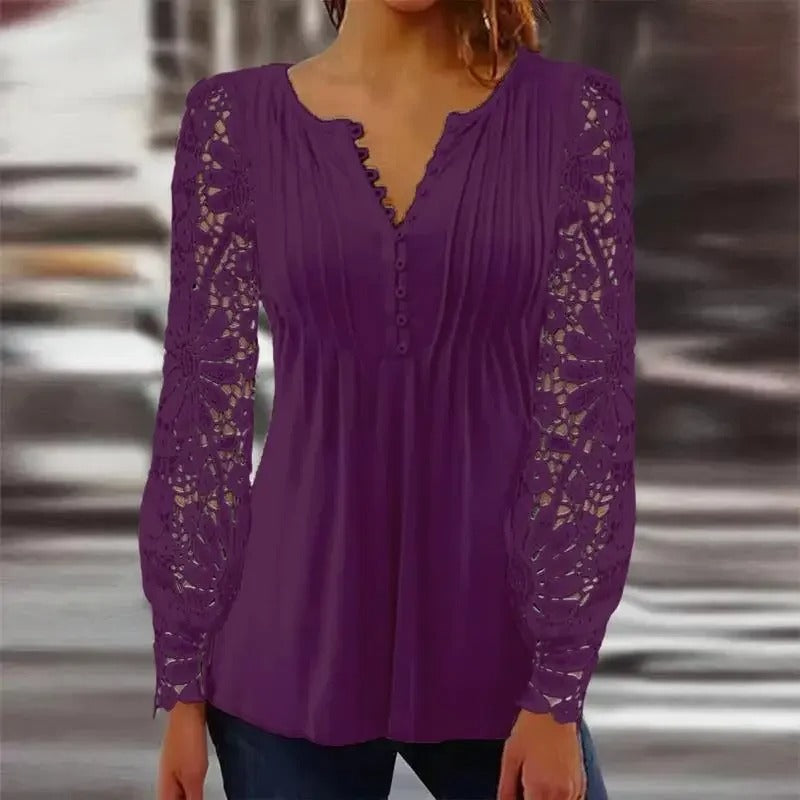 Sexy Lace V-Neck Pleated Blouse