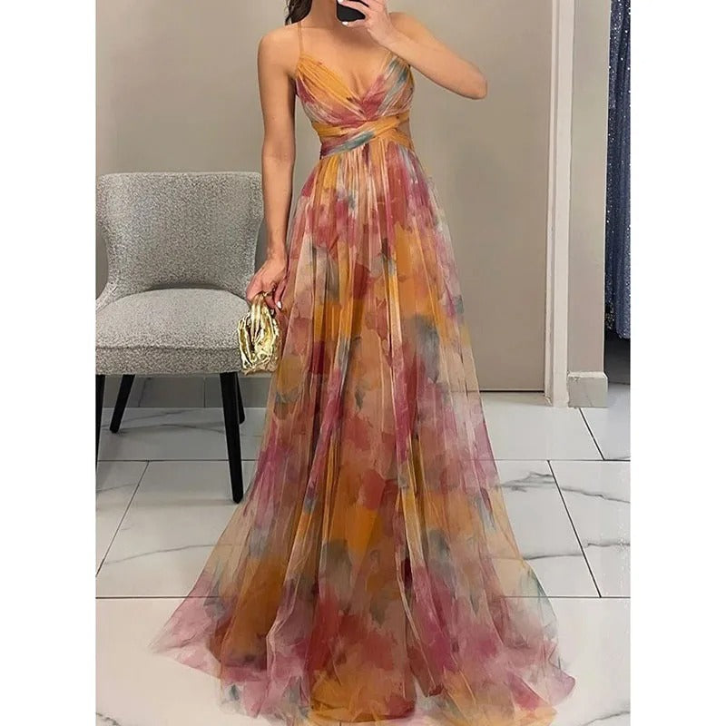 Elegant Print Pleated Mesh Evening Dress