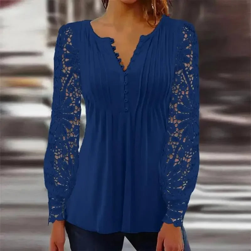 Sexy Lace V-Neck Pleated Blouse