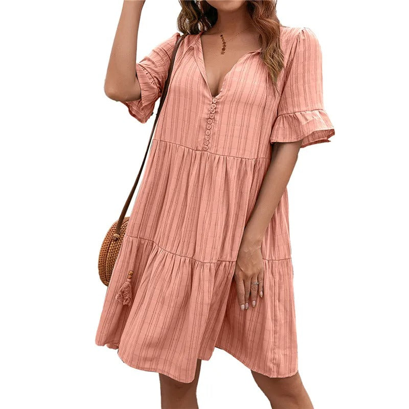 Solid V-Neck Beach Dress