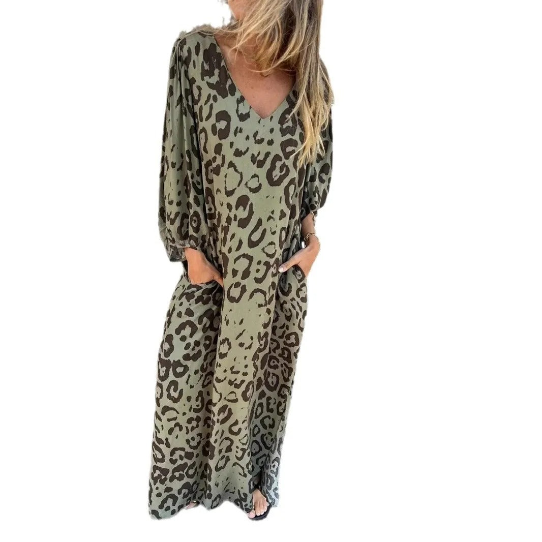 Retro Leopard Print V-Neck Dress