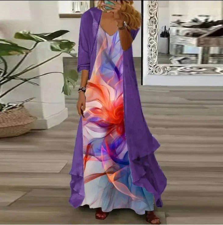 Chic Digital Print Crop & Chiffon Set