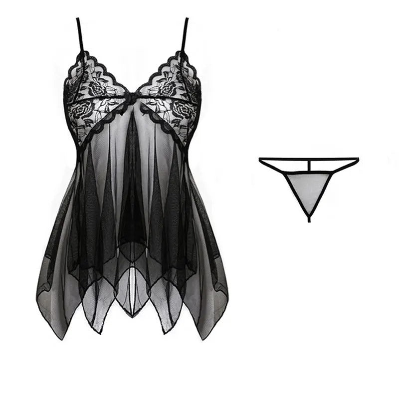 Lace V-Neck Tulle Lingerie Set