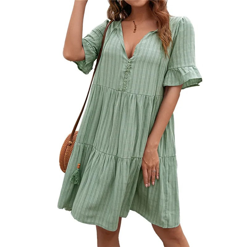 Solid V-Neck Beach Dress