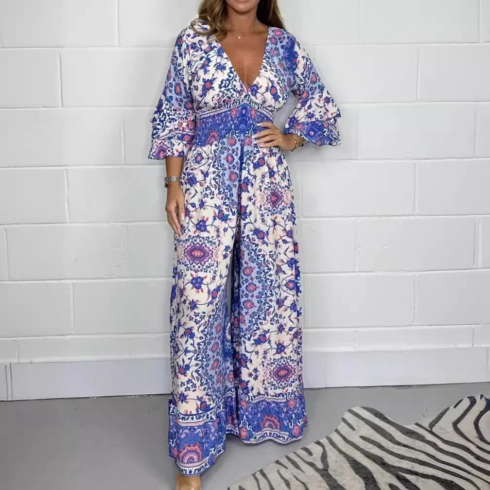 V-Neck Printed Short Jumpsuit