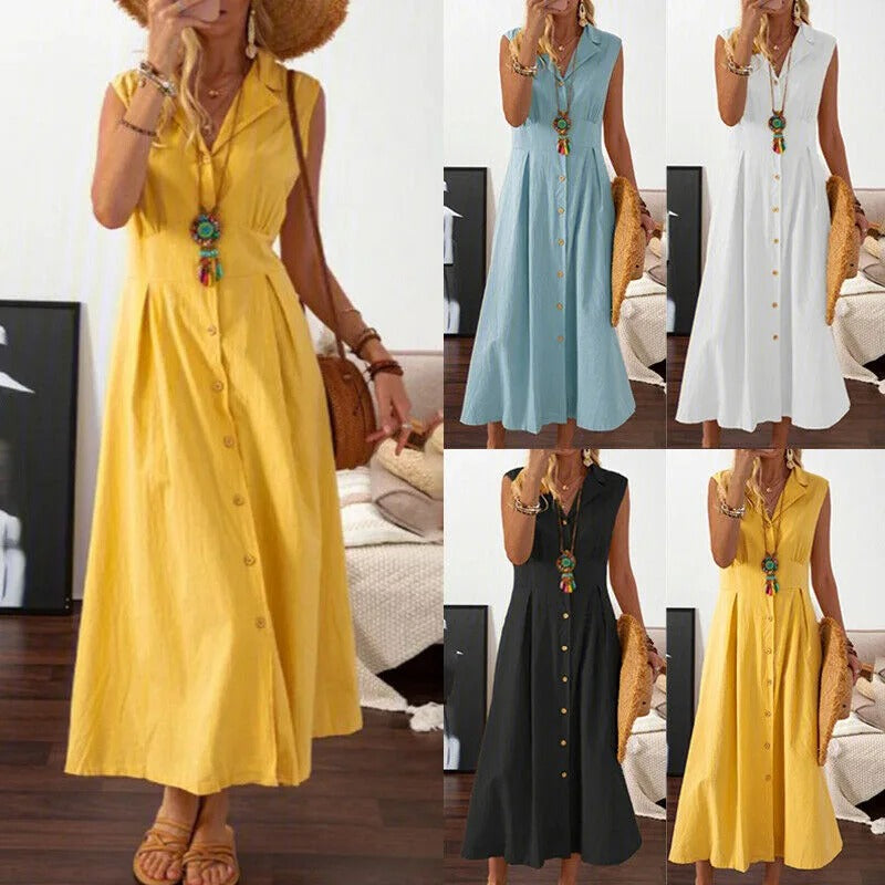 Suit Collar Cotton Linen Dress