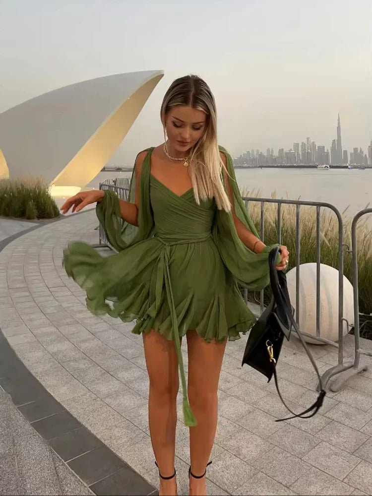Chic Backless Pleated Tie Mini Dress