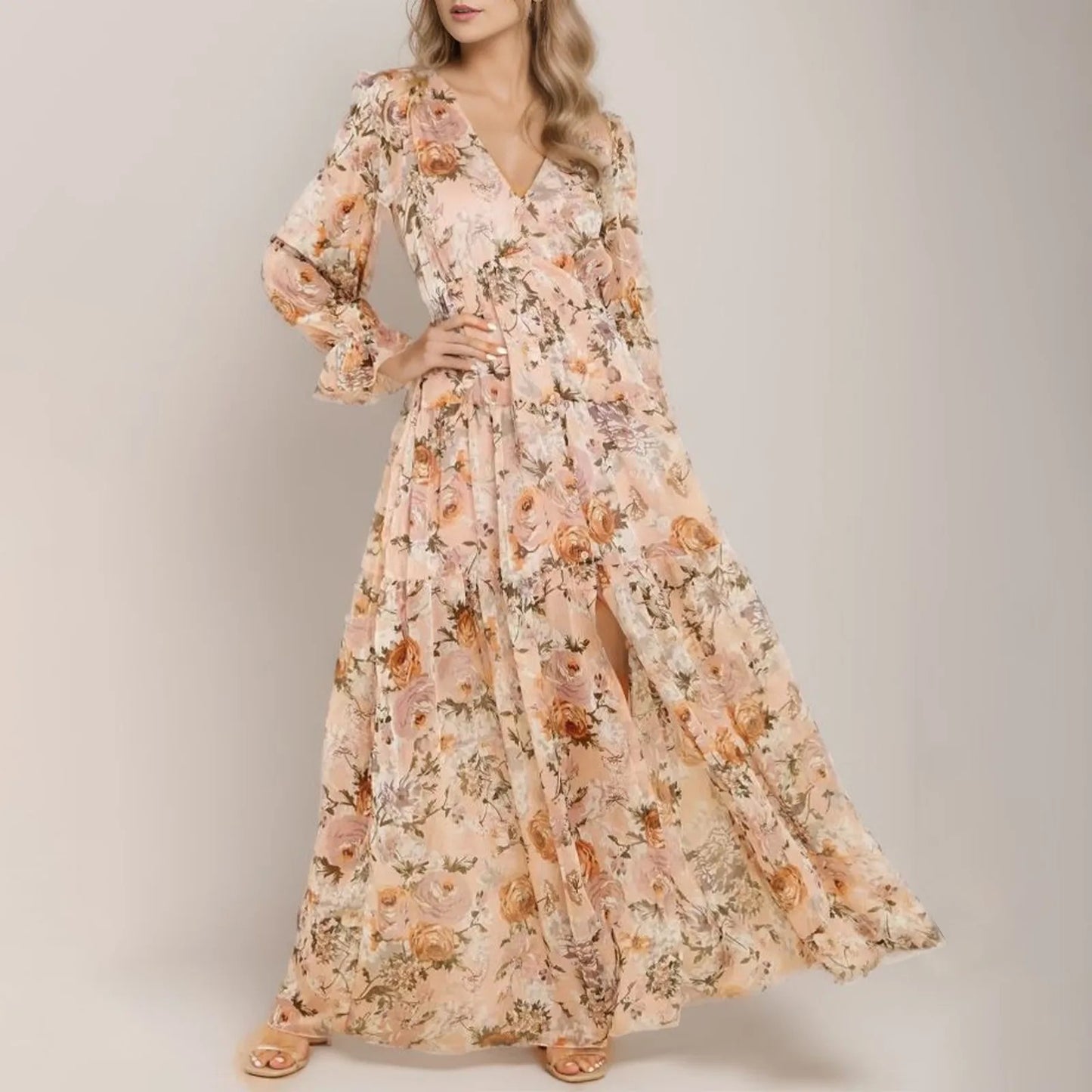 Elegant Floral Ruffle Maxi Dress