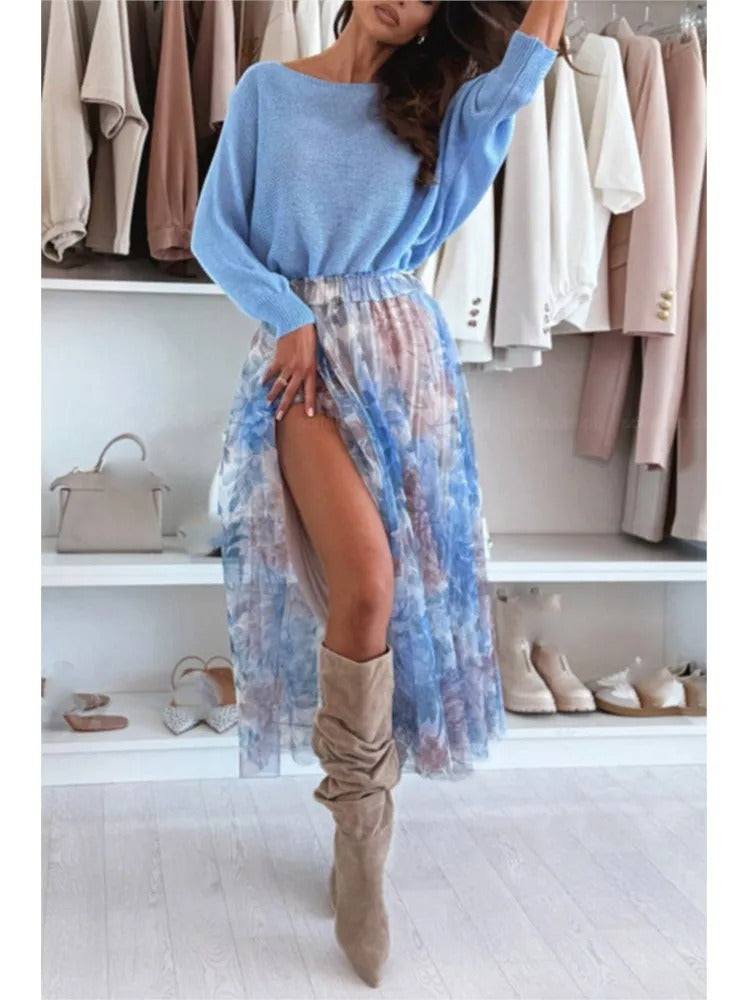Printed Chiffon Elastic Waist Skirt