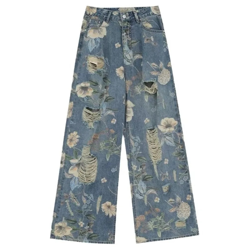 Vintage Floral Ripped Wide Leg Jeans