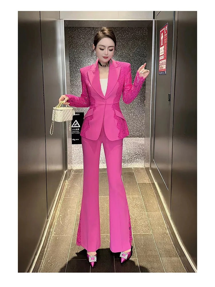 High Street Designer Lace Blazer & Flare Pants Set