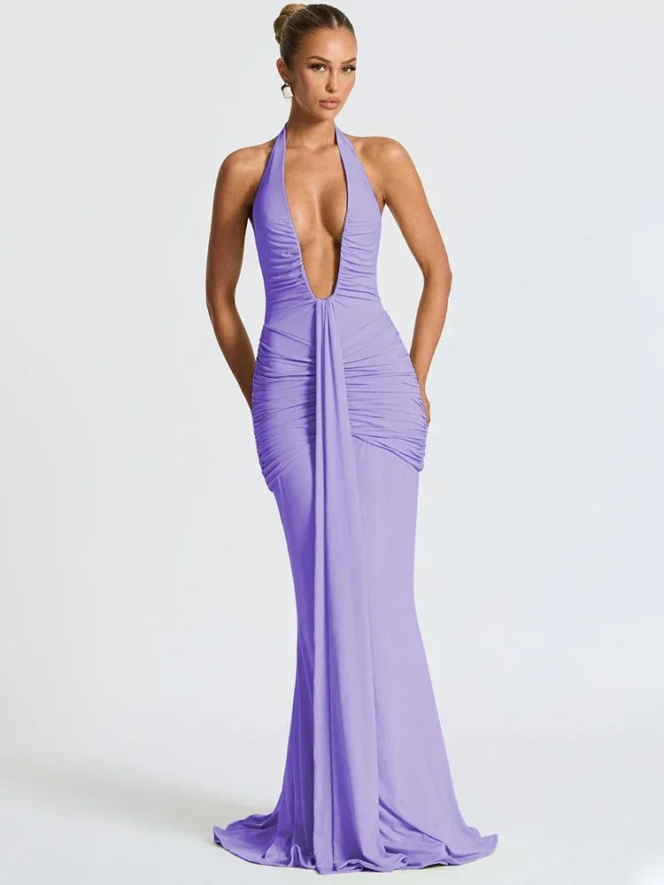 Sultry Backless Draped Maxi Dress