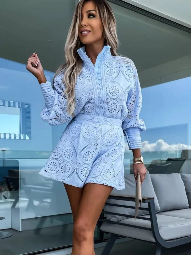 Elegant Lace Button Shorts Set