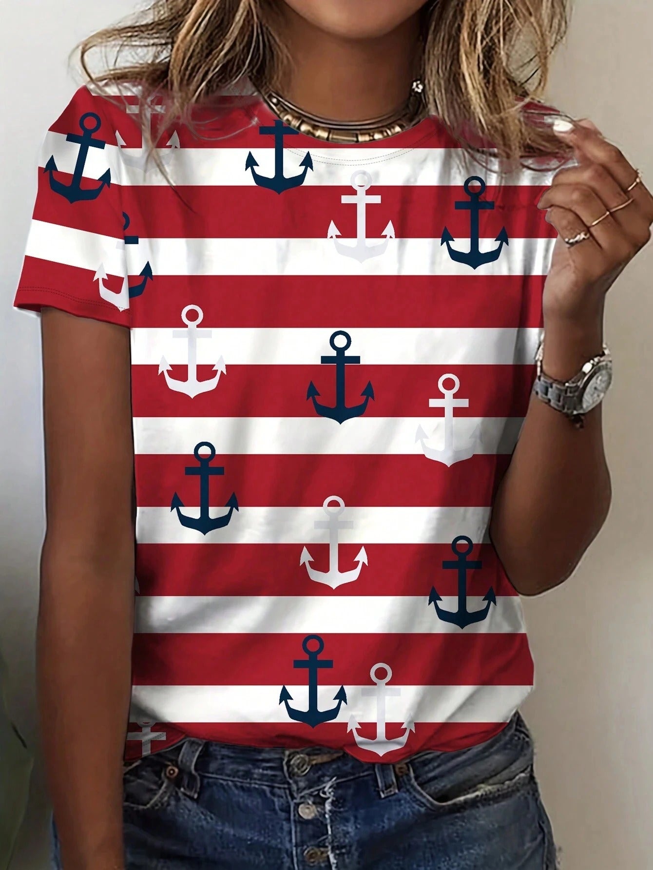 Chic Anchor Stripe Casual Tee
