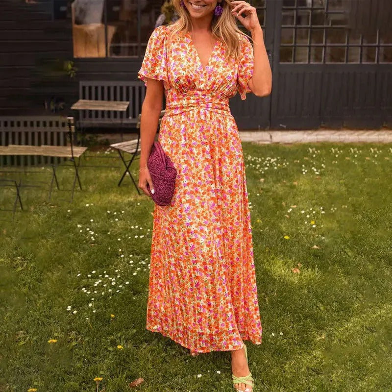 Elegant Floral V-neck Beach Dress