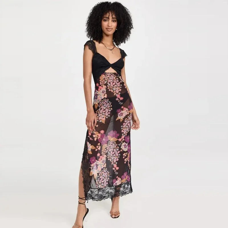 Rose Whisper Lace Floral Slit Dress