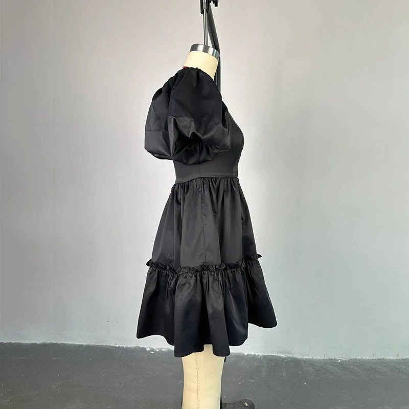 Black V-Neck Puff Sleeve Dress
